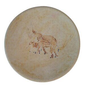 Vtg Hand Carved Kenyan Soapstone Elephant Themed Plate Folk Art Primitive Ethnic
